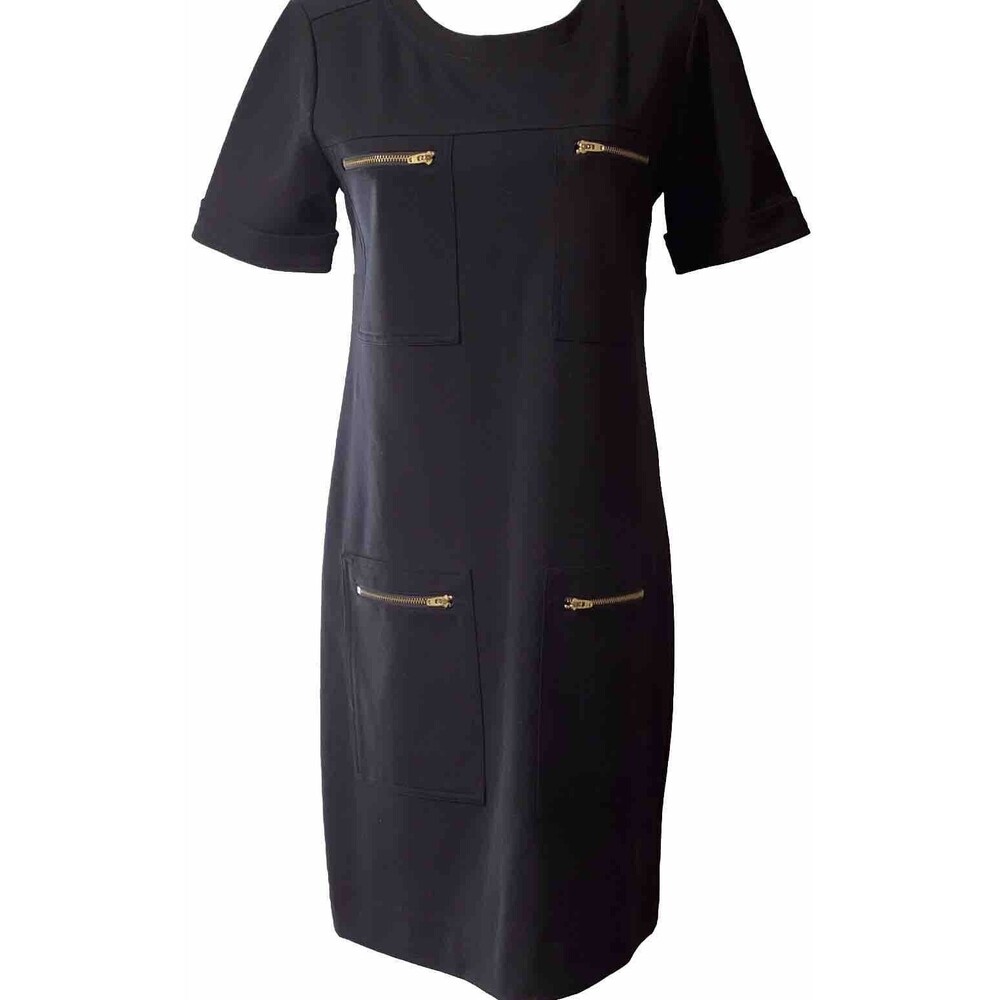 J Crew Dress Black Size 2 Shift Gold Zip Pockets Stretch Office Wear Modest